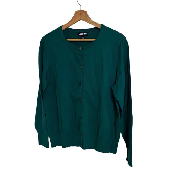 Lands’End dark green fine gauge cotton blend long sleeve button cardigan size LP - Picture 9 of 13